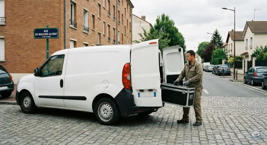 Un technicien en tenue de travail sort une grande mallette noire de l'arrière d'une camionnette blanche banalisée, garée dans une rue résidentielle pavée. Un panneau de rue indiquant "RUE Michel Herbillon" est visible en arrière-plan.