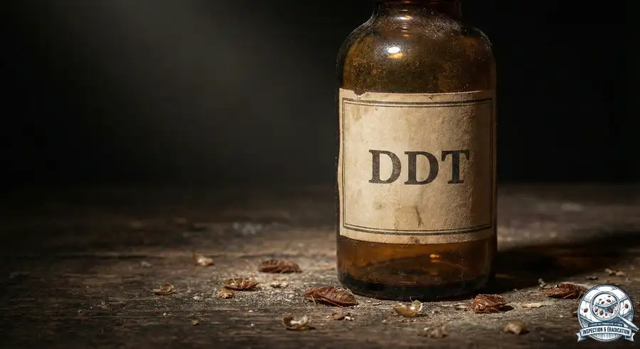 Bouteille en verre ambré antique avec une étiquette 'DDT' usée, posée sur une table en bois sombre et entourée de punaises de lit mortes, sous un éclairage dramatique.