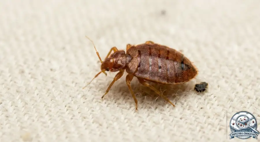 Photographie macroscopique scientifiquement précise d'une punaise de lit adulte (Cimex lectularius) sur le tissu d'un matelas, montrant sa morphologie aplatie.