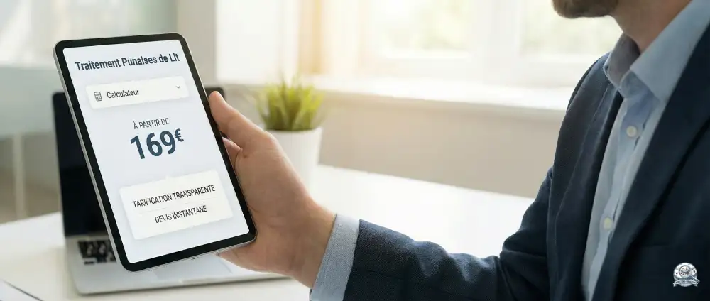 Gros plan sur un professionnel consultant le tarif d'un traitement contre les punaises de lit sur une tablette. L'écran affiche un prix de départ de 169€ et les options de tarification transparente et de devis instantané.