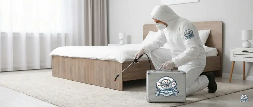 Technicien professionnel agréé et équipé procédant à un traitement ciblé et sécurisé contre les punaises de lit dans une chambre.