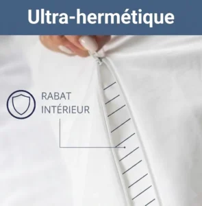 Gros plan sur la fermeture éclair avec le rabat intérieur sur les différents produits de la marque BED-Secure