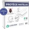 protège-matelas anti punaise de lit dans son emballage en plastique où on peut voir différentes formes de mettre le protège matelas