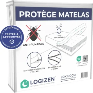 protège-matelas anti punaise de lit dans son emballage en plastique où on peut voir différentes formes de mettre le protège matelas