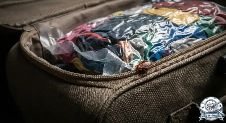 Housse sous vide dans une valise protégeant les vêtements d'une punaise de lit visible à l'extérieur.