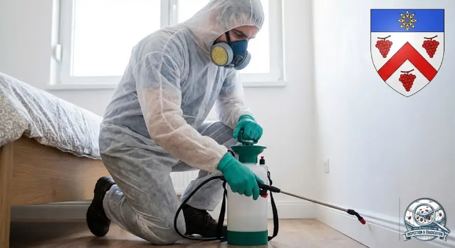 Technicien expert appliquant un traitement chimique contre les punaises de lit dans un logement à Montgeron, avec le blason de la ville visible.