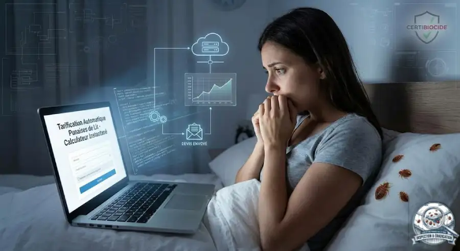 Illustration d'une cliente stressée par des punaises de lit, utilisant notre calculateur en ligne pour obtenir un tarif immédiat et un devis automatique, même la nuit. Service professionnel certifié Certibiocide