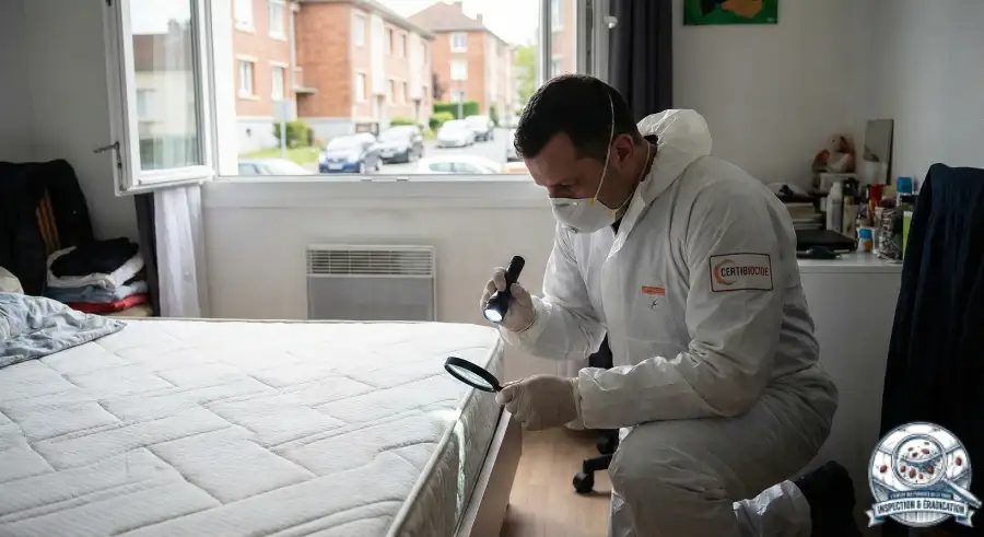 Expert certifié réalisant une inspection de punaises de lit dans un appartement à Montreuil.