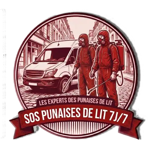 Un logo circulaire de style gravure en rouge et bordeaux pour une entreprise de lutte contre les punaises de lit. Il présente deux techniciens en combinaison de protection complète et masques à gaz, équipés de pulvérisateurs dorsaux, debout à côté d'une camionnette blanche dans une rue parisienne pavée. Au-dessus de la scène, un ruban indique "LES EXPERTS DES PUNAISES DE LIT". Un plus grand ruban sous l'illustration indique "SOS PUNAISES DE LIT 7J/7" en grosses lettres blanches.