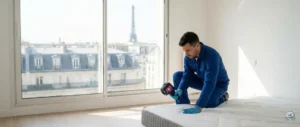 Technicien expert en désinsectisation utilisant un équipement professionnel pour le traitement des punaises de lit dans un appartement en Île-de-France.