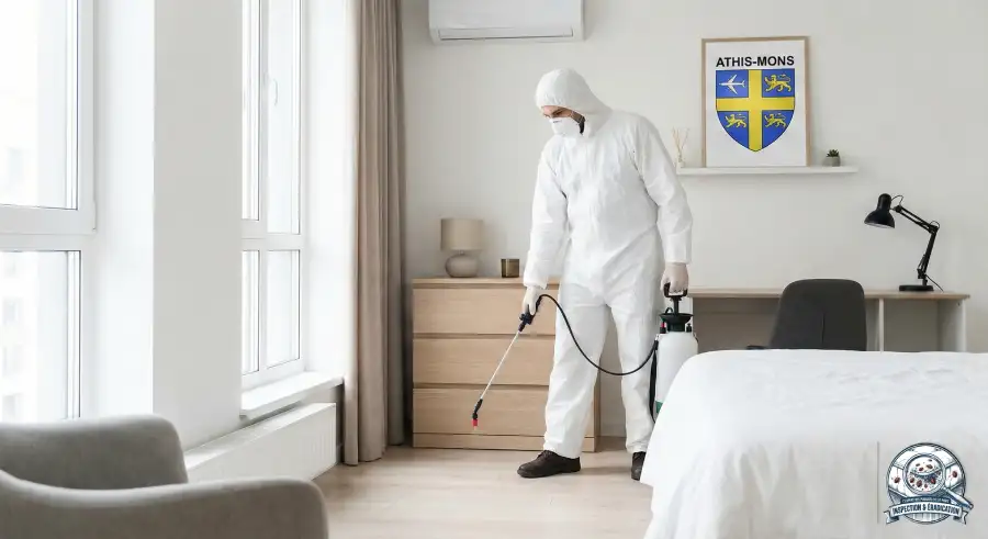 Technicien expert appliquant un traitement contre ces punaises lit à Athis Mons près des armoiries.