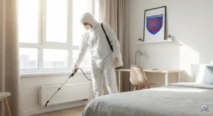 Technicien expert appliquant un traitement contre les punaises lit à Évry Courcouronnes près des armoiries.