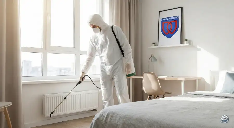 Technicien expert appliquant un traitement contre les punaises lit à Évry Courcouronnes près des armoiries.