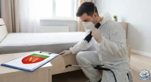 Technicien expert appliquant un traitement anti punaises de lit dans un appartement à Meaux, avec les armoiries de la ville.