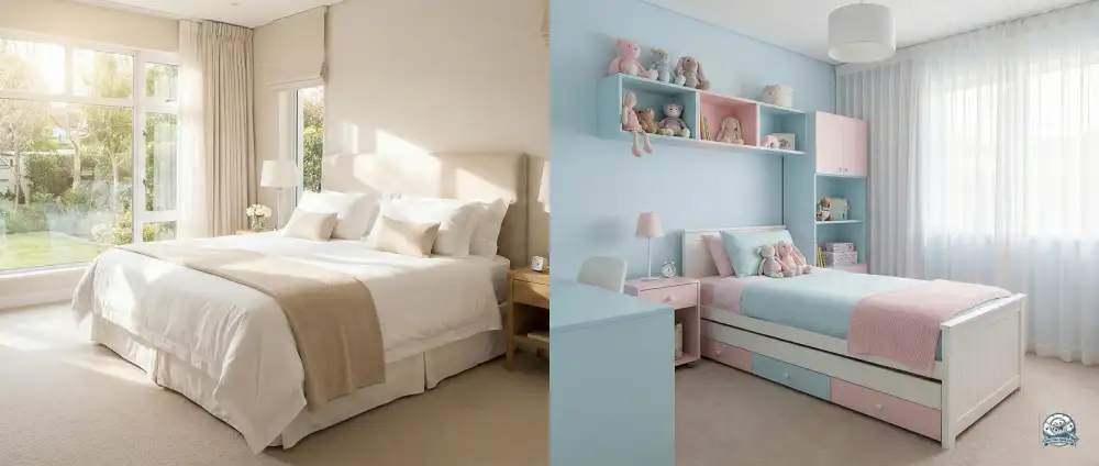 Chambre parentale et chambre d'enfant saines et propres illustrant le résultat garanti après un traitement anti-punaises de lit par nos experts.