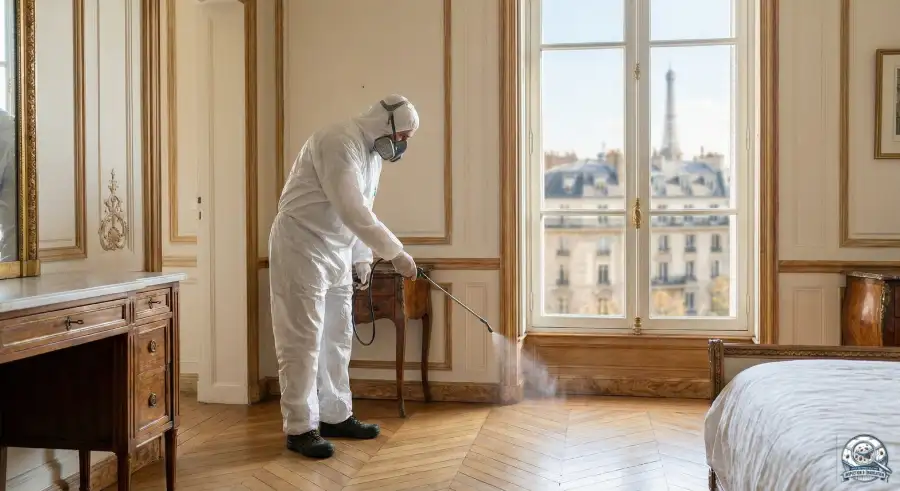Technicien expert équipé effectuant un traitement chimique anti punaises de lit dans un appartement haussmannien du 16ème arrondissement de Paris, près du Trocadéro.