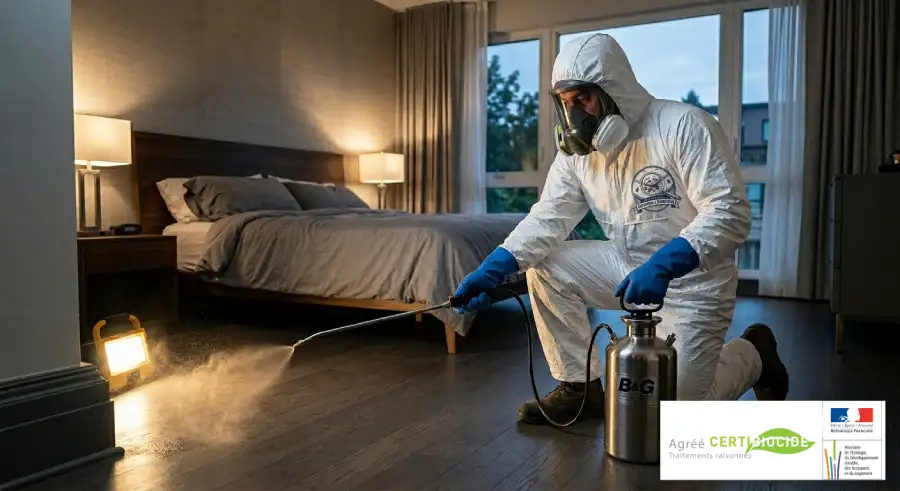 Photographie cinématique d'un technicien professionnel de la lutte antiparasitaire, portant une tenue de protection intégrale blanche, un masque respiratoire complet et des gants bleus, à genoux dans une chambre moderne. Il utilise un pulvérisateur en acier inoxydable pour appliquer précisément un traitement le long d'une plinthe. Un projecteur au sol éclaire l'action. Sur le torse du technicien, on distingue le logo circulaire de l'Expert des Punaises de Lit (illustrant une punaise sous une loupe). En bas de l'image, le logo Certi Biocide est affiché pour signifier un traitement agréé et expert. L'arrière-plan de la chambre est flou