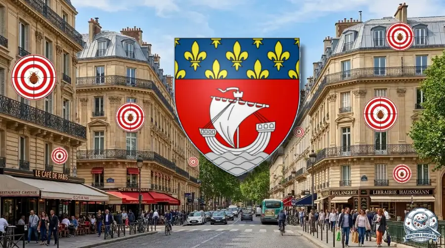 on voit sur l'image une rue d'arrondissement de paris êtres envahi de punaises de lit, qui est signalé par des cibles ou on voit une punaises au millieu. et au millieu de la photo on voit les armoiries de la ville de paris